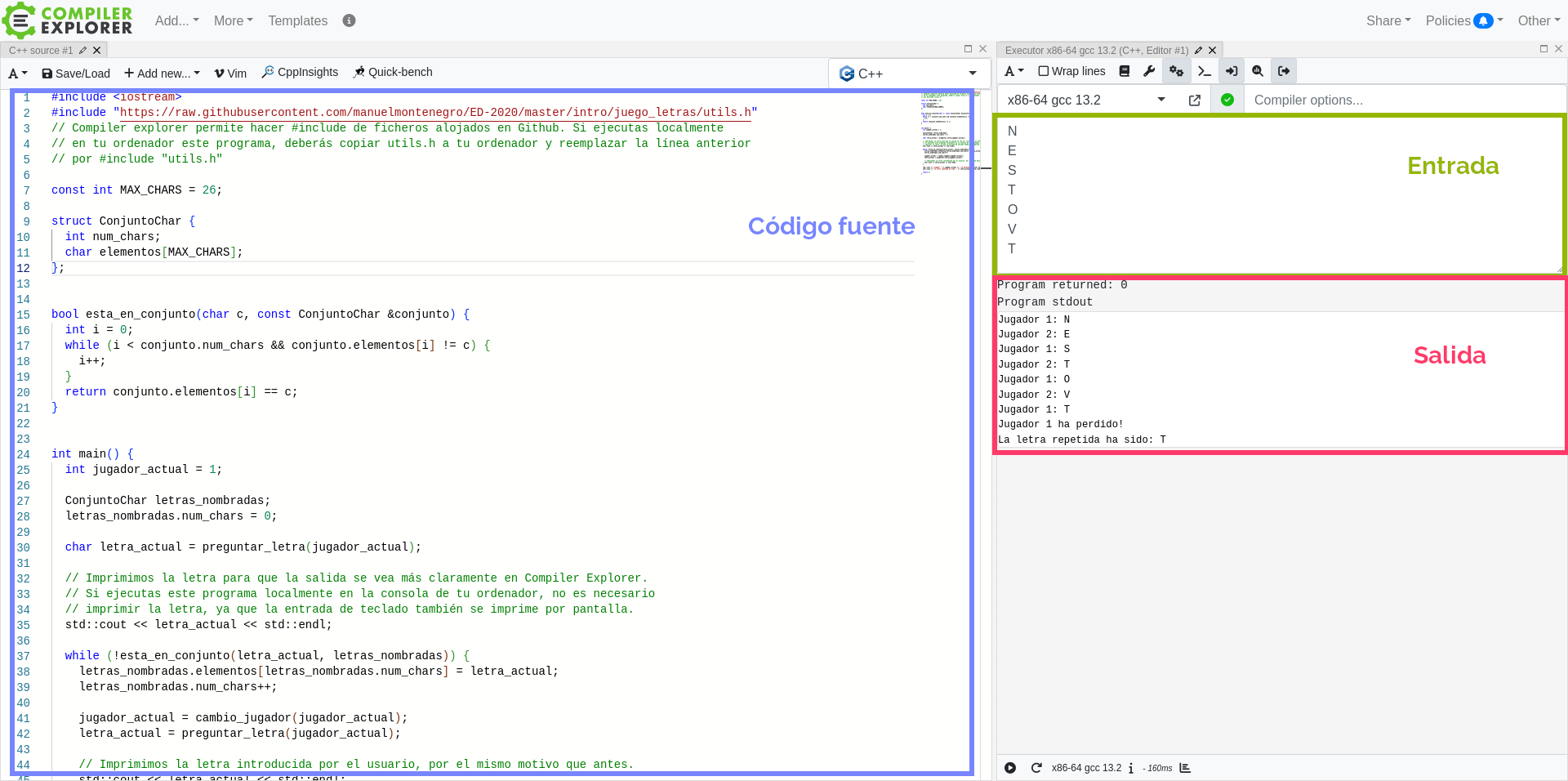 Interfaz de Compiler Explorer